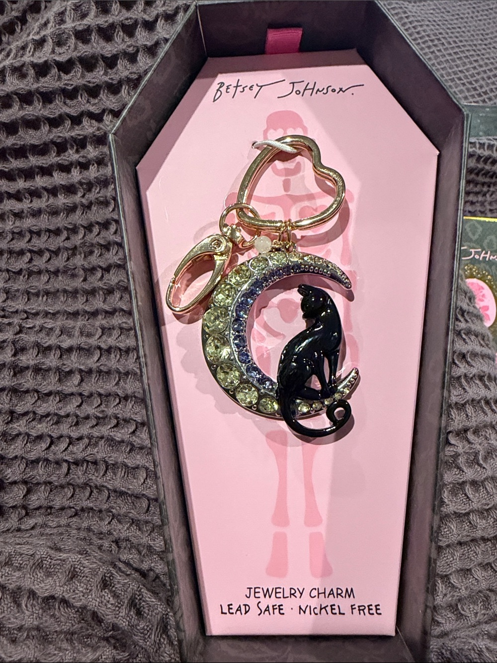 Betsey Johnson Black Cat Crescent Moon Keychain Charm